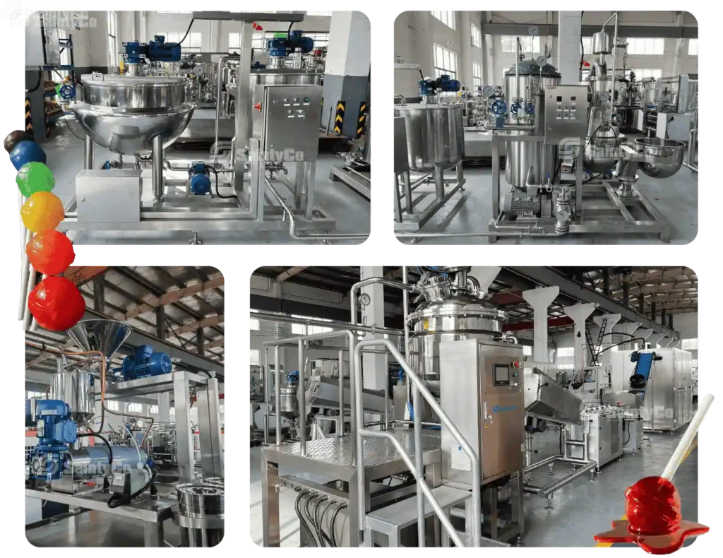 Four images of industrial candy-making machines in a clean factory setting, with shiny metal tanks, pipes, and mixers. Colorful lollipops are partially visible on the left and right edges of the collage.