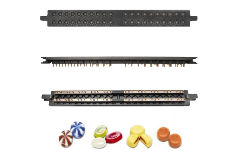 Three types of metal candy molds are shown, each with different patterns, and below them are colorful assorted candies shaped by these molds.