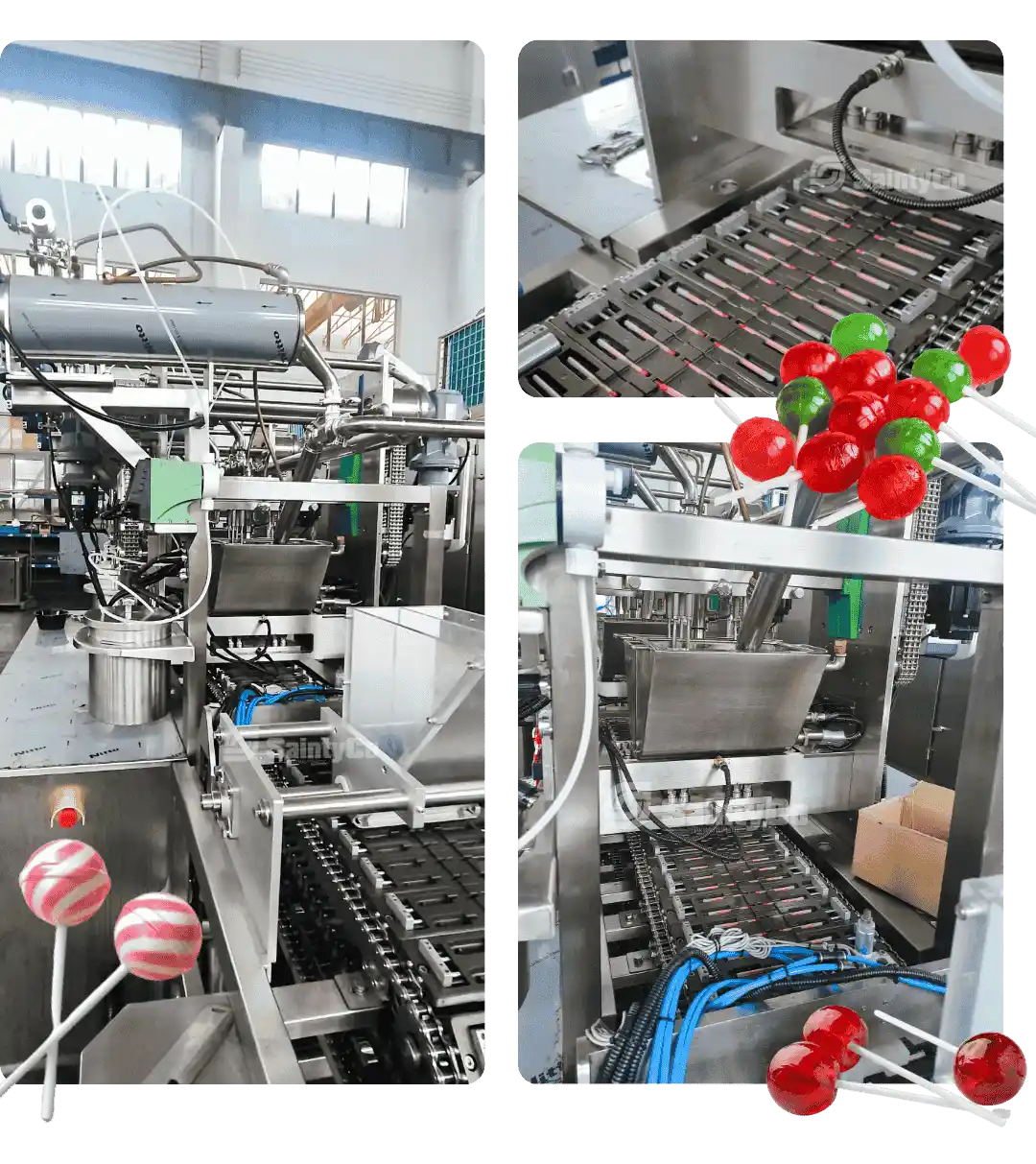 A collage of three images shows an automated factory machine producing red and green lollipops on sticks, with conveyor belts and equipment visible in a bright, industrial setting.